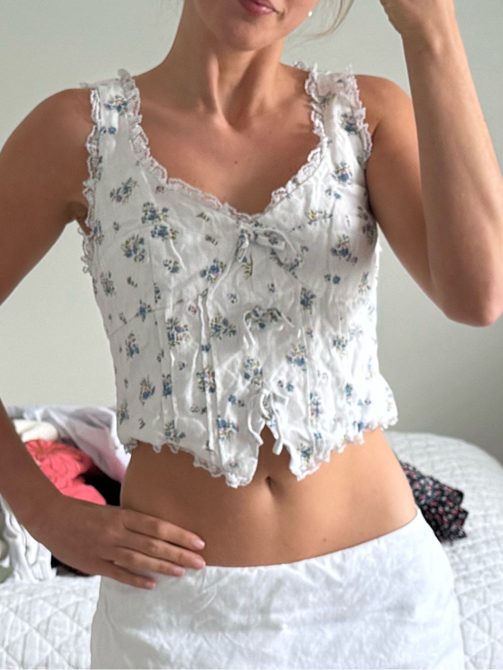 Reformation White Floral Embellished Cropped Tank